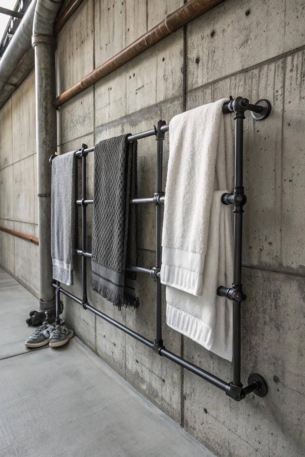 Industrial pipe racks add a modern edge to poolside decor.