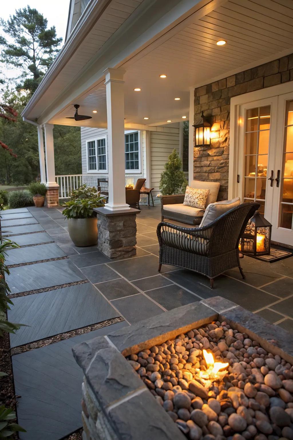 Slate flooring adds a touch of elegance and luxury.