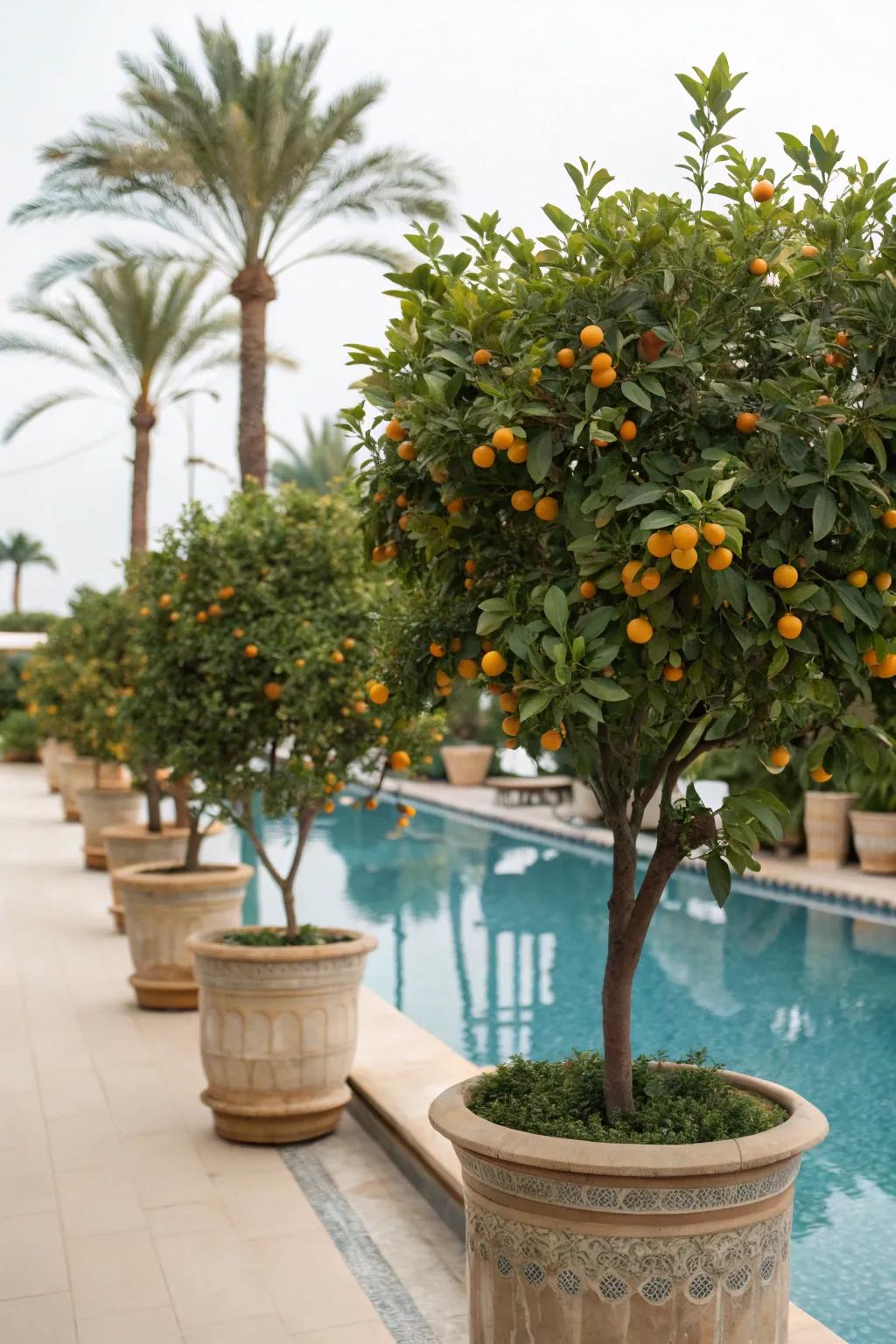 Potted fruit trees offer beauty and bounty.