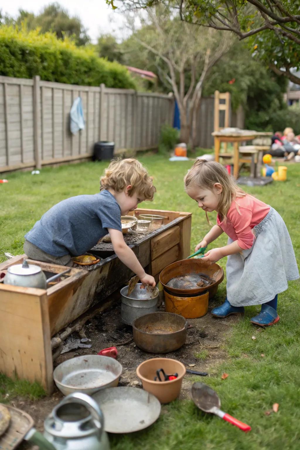 Kids engaging in imaginative play with a DIY mud kitchen.
