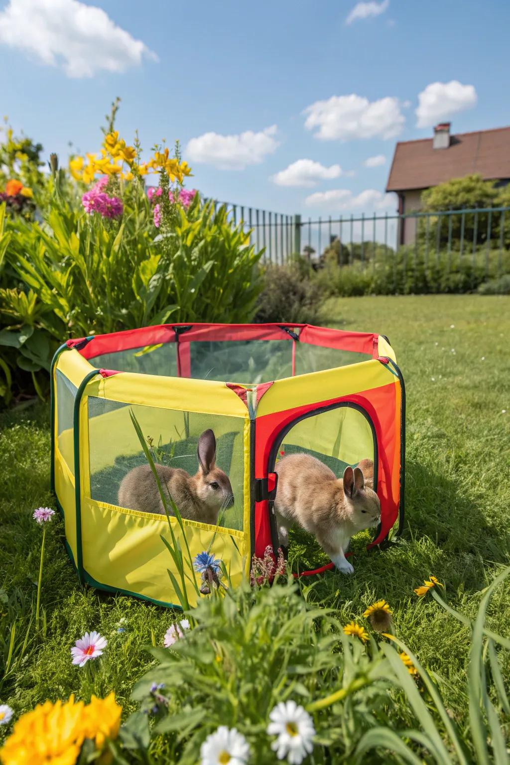 A versatile and movable rabbit play pen for dynamic outdoor fun.
