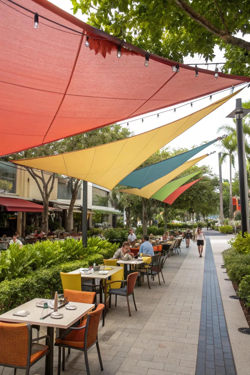 Trendy shade sails provide cool, stylish protection.