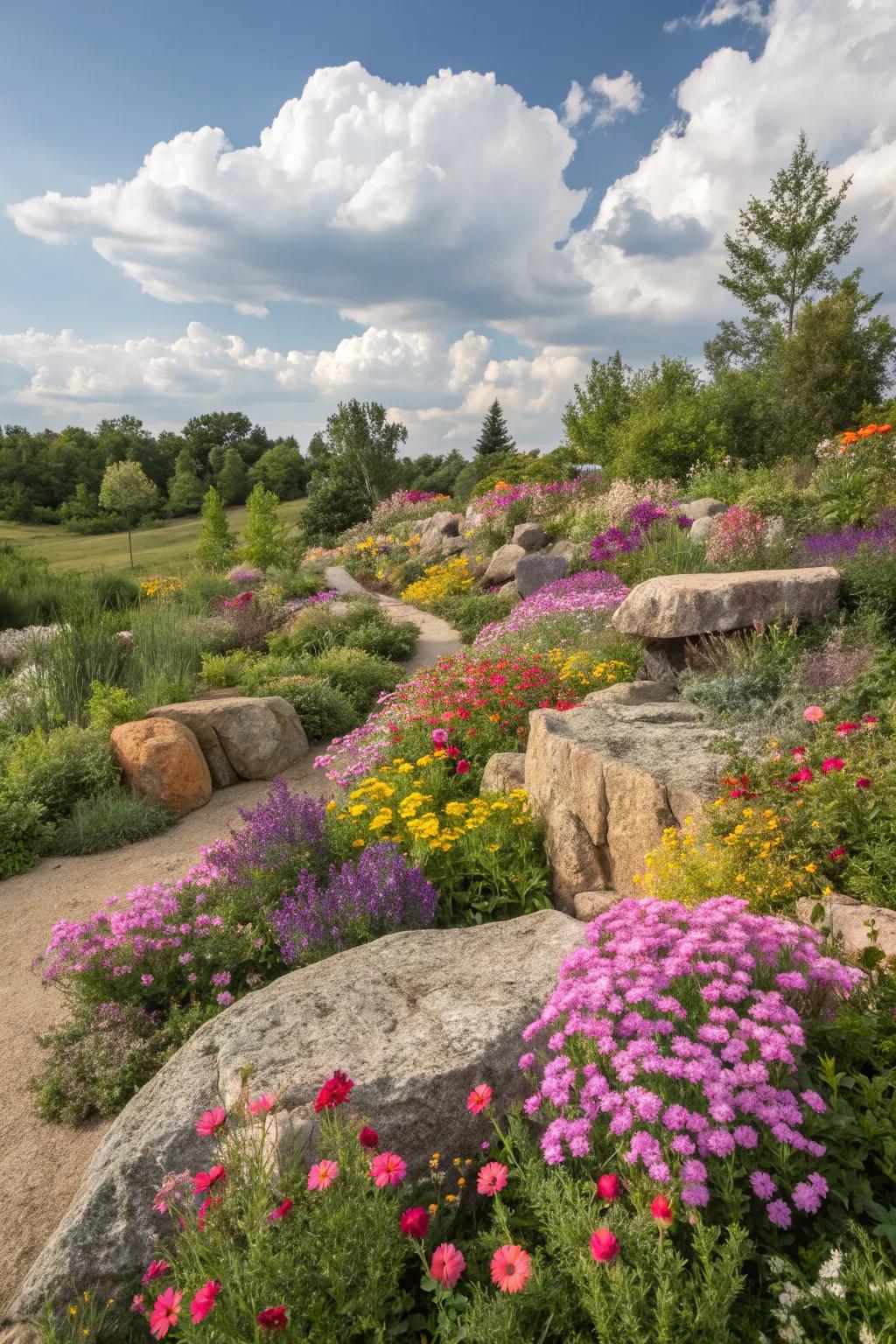 Bright flowers among rocks bring gardens to life.