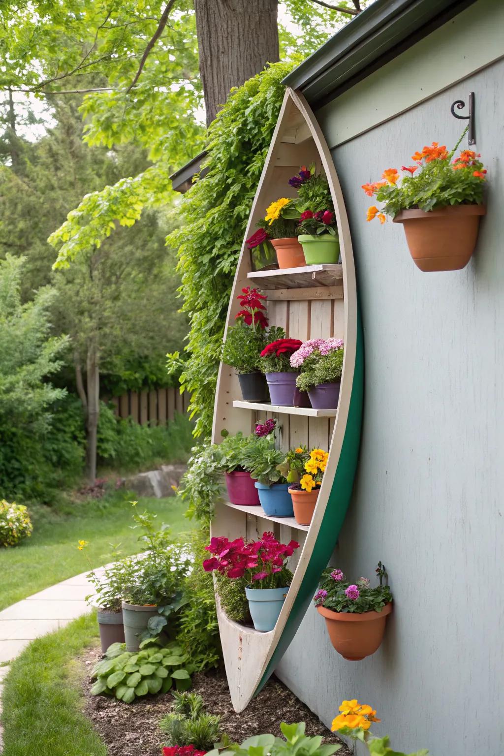 An ocean-inspired canoe shelf offers a unique and nautical garden feature.