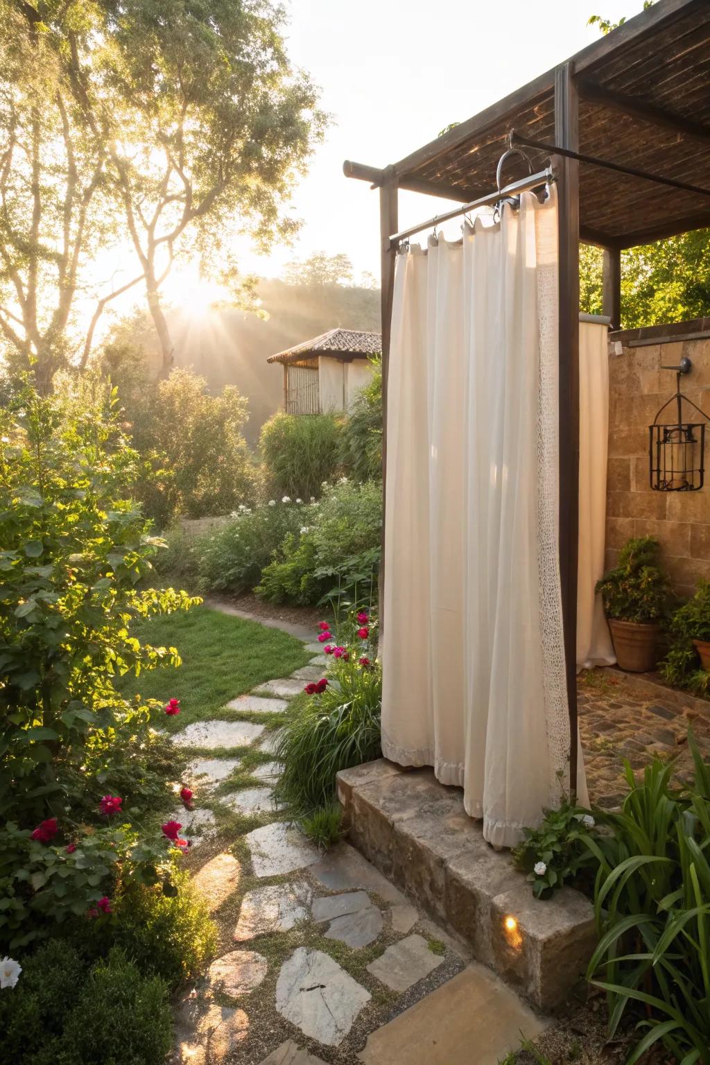 Let light in with semi-transparent shower curtains.