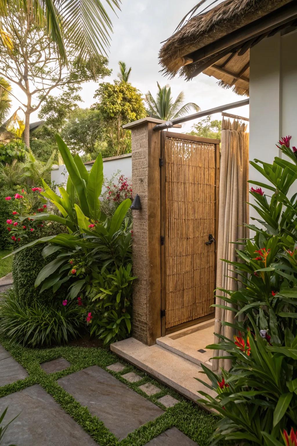 An exotic outdoor shower featuring a woven reed door, adding texture and a tropical touch.