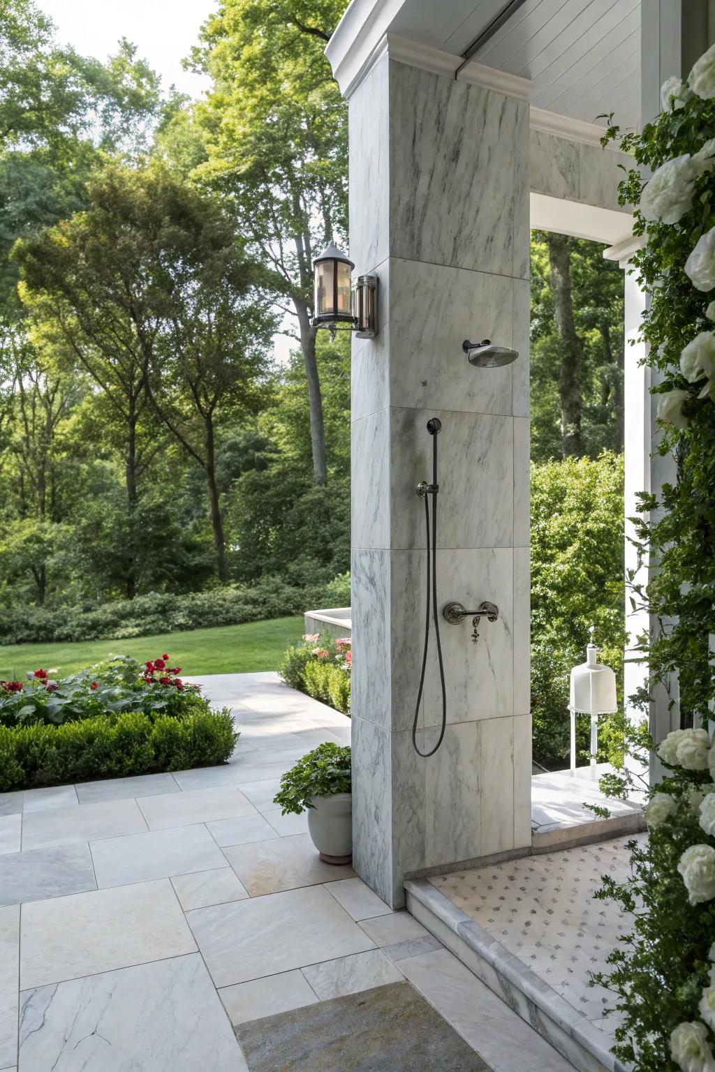 A luxurious outdoor shower featuring classic marble tiles.