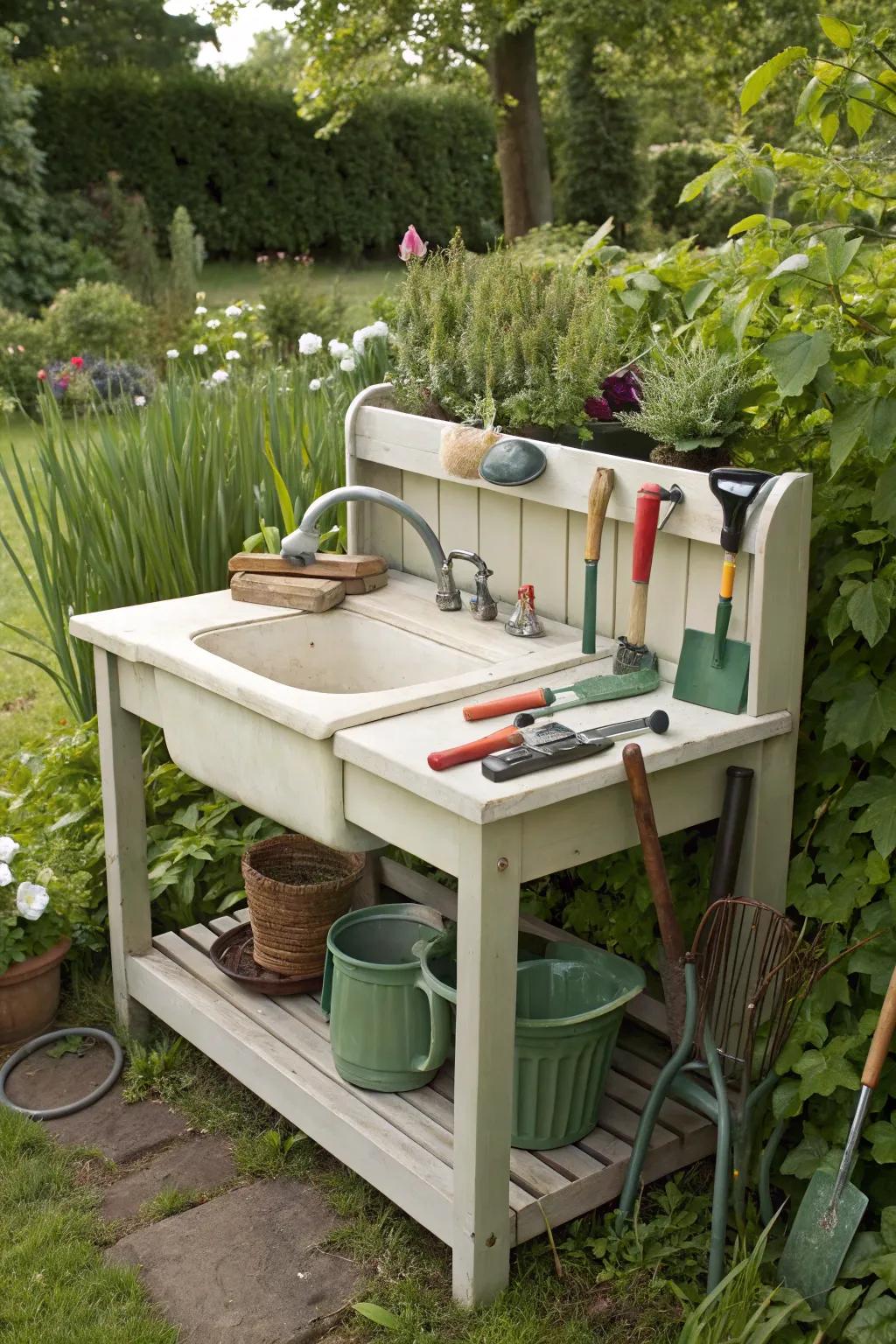 A multifunctional garden bench with an integrated sink.