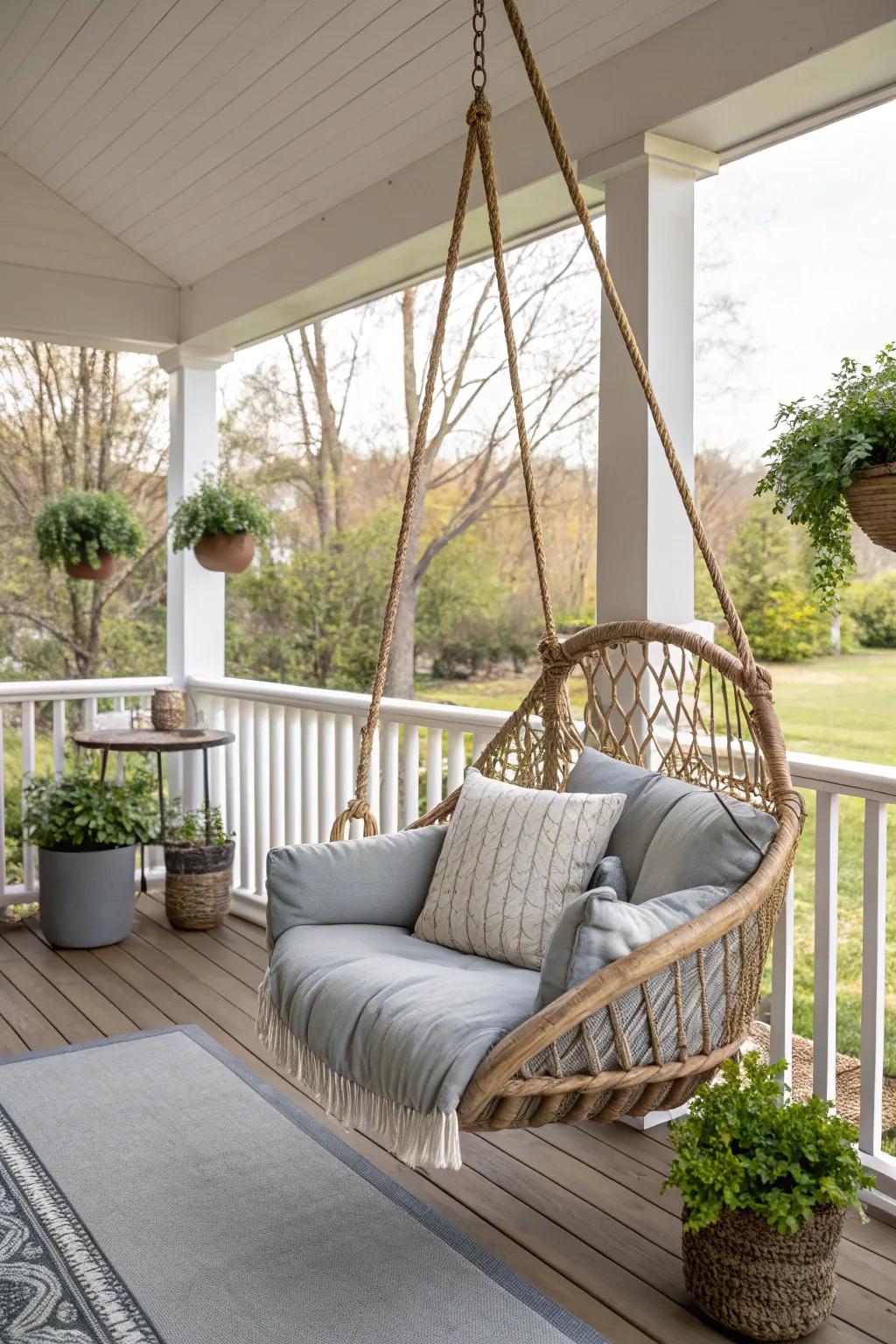 A swing chair adding a playful touch to a porch.
