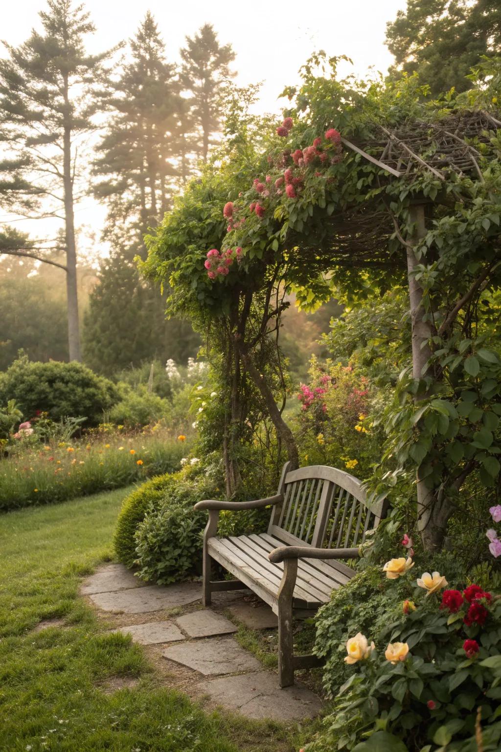 A secret garden hideaway with a charming bench surrounded by lush plants.