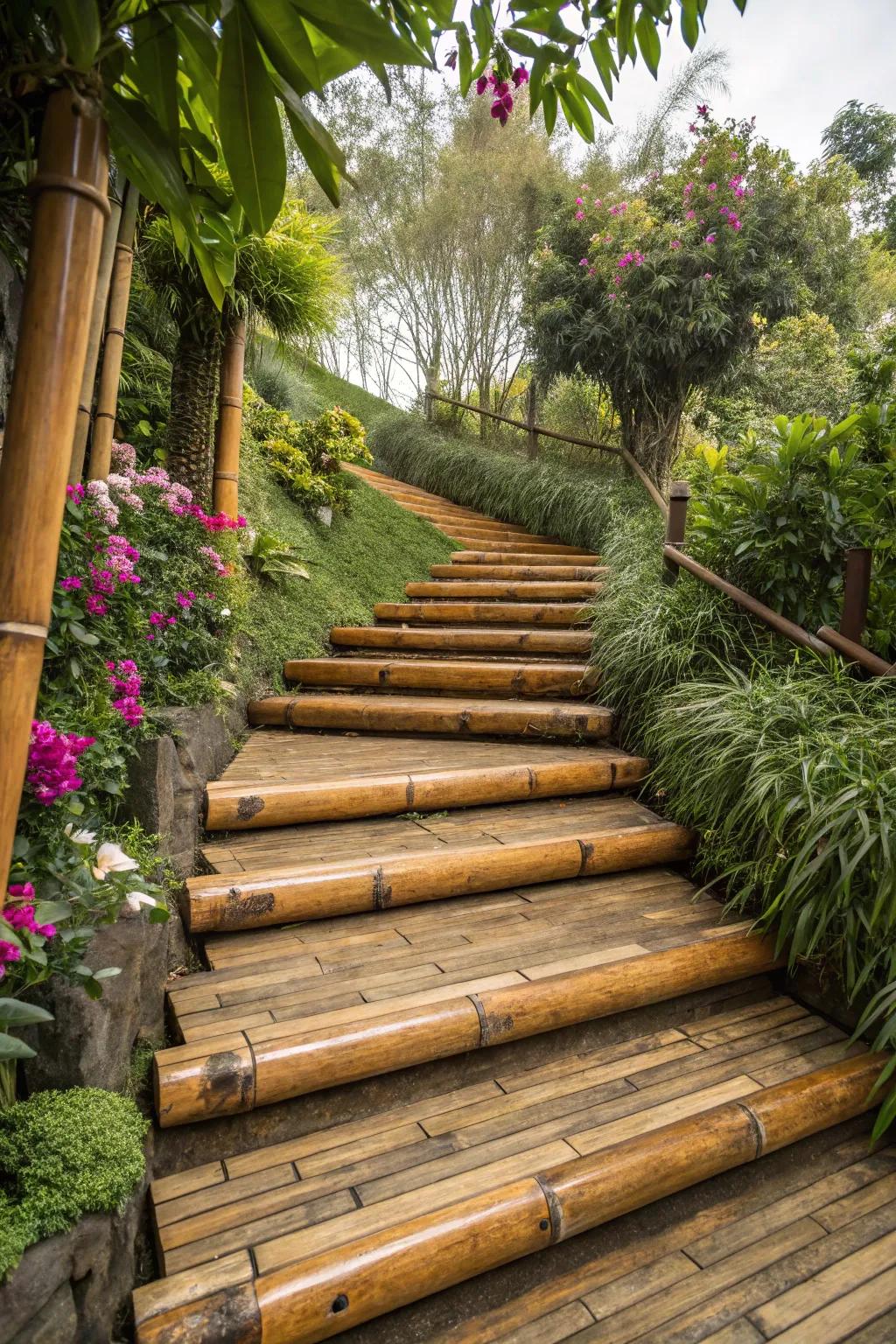 Bamboo risers offer an eco-friendly and sleek design for outdoor stairs.
