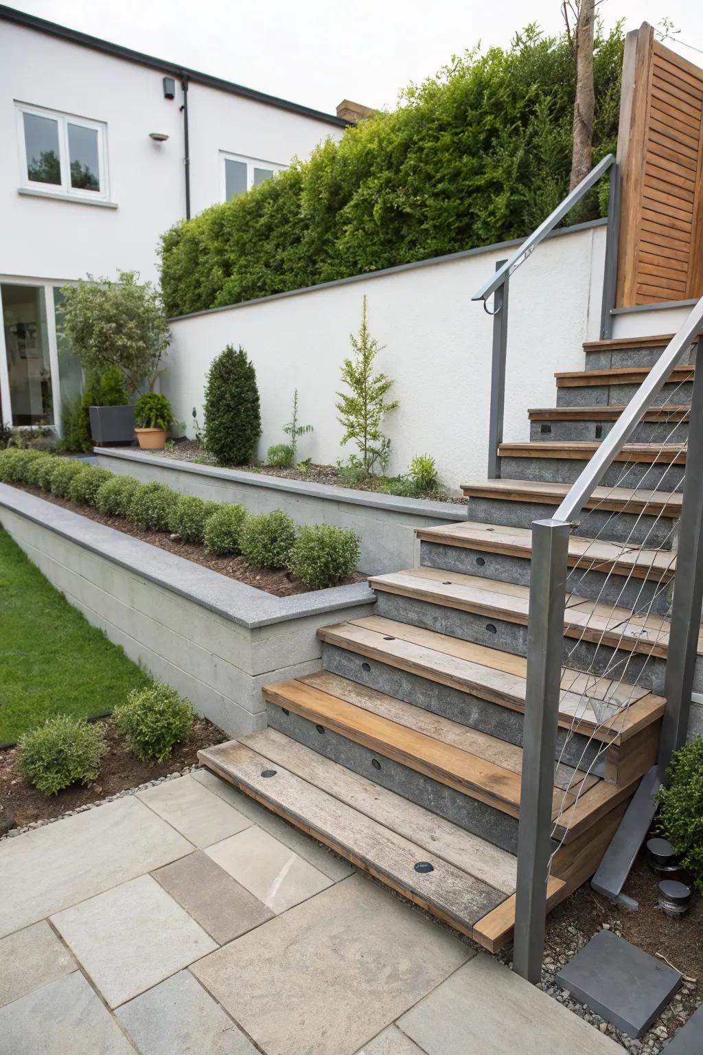 The perfect harmony of metal and wood for a minimalist garden staircase.