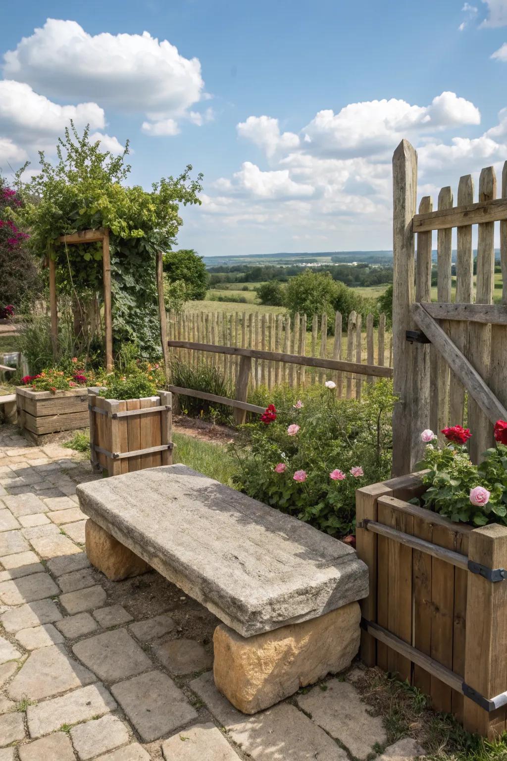 A rustic farmhouse stone bench exuding warmth and nostalgia.