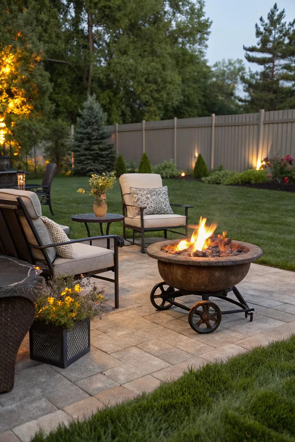A portable stone fire pit for flexible outdoor gatherings.