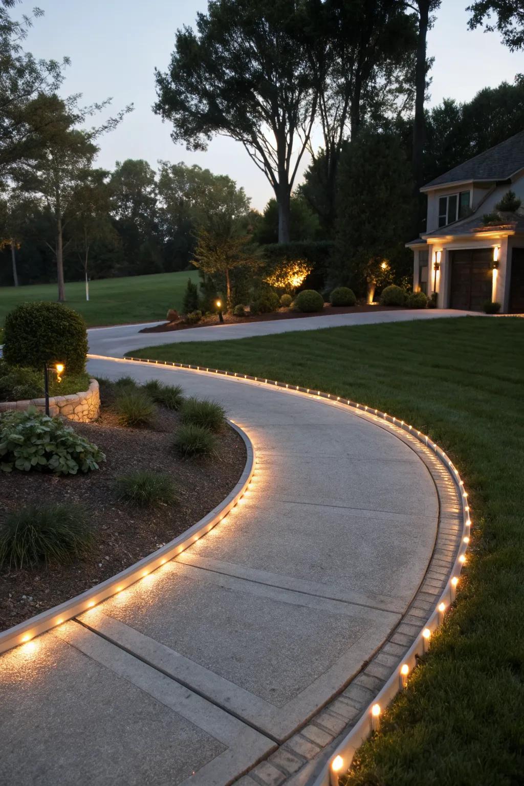 Driveway strip lighting enhances safety and aesthetics.