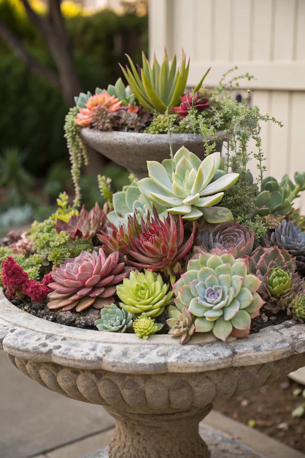 A bird bath transformed into a succulent display for a garden centerpiece.