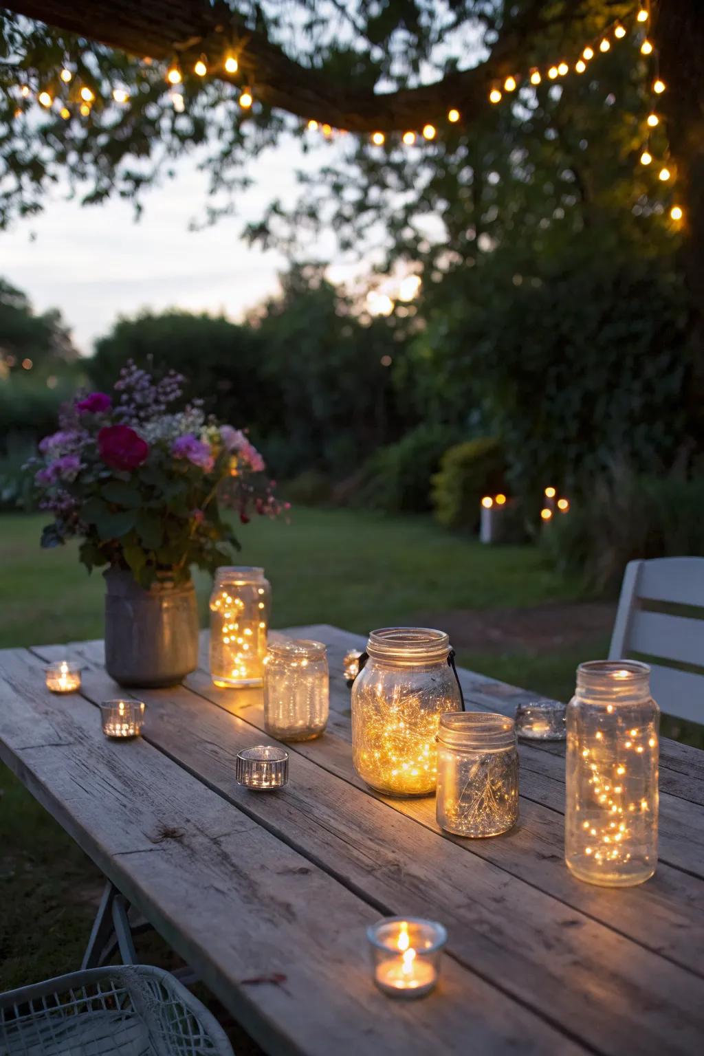 Mason jar lights add DIY charm to outdoor tables.