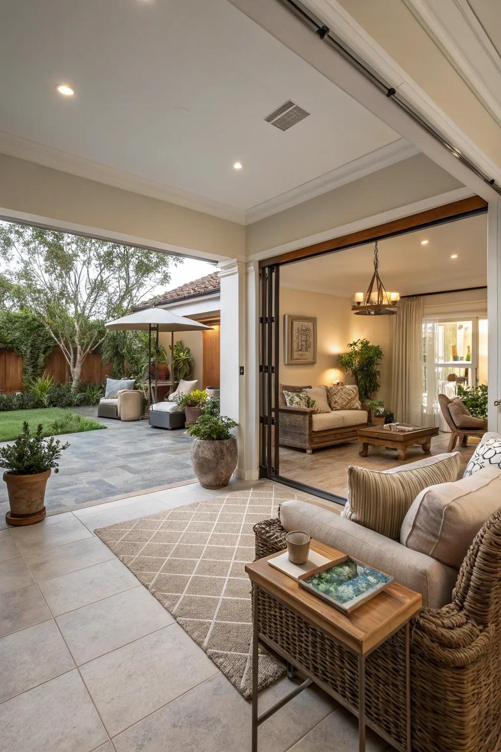 Extending indoor tiles outdoors creates a seamless transition.