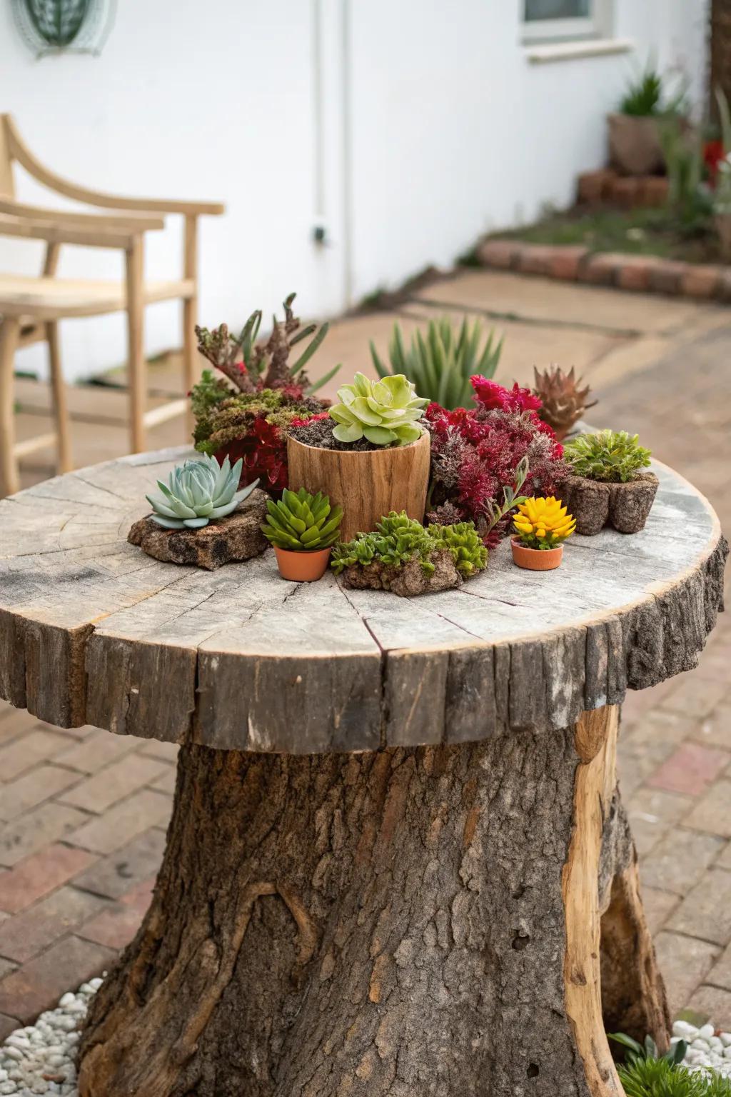 A tree stump table adorned with a variety of succulents.