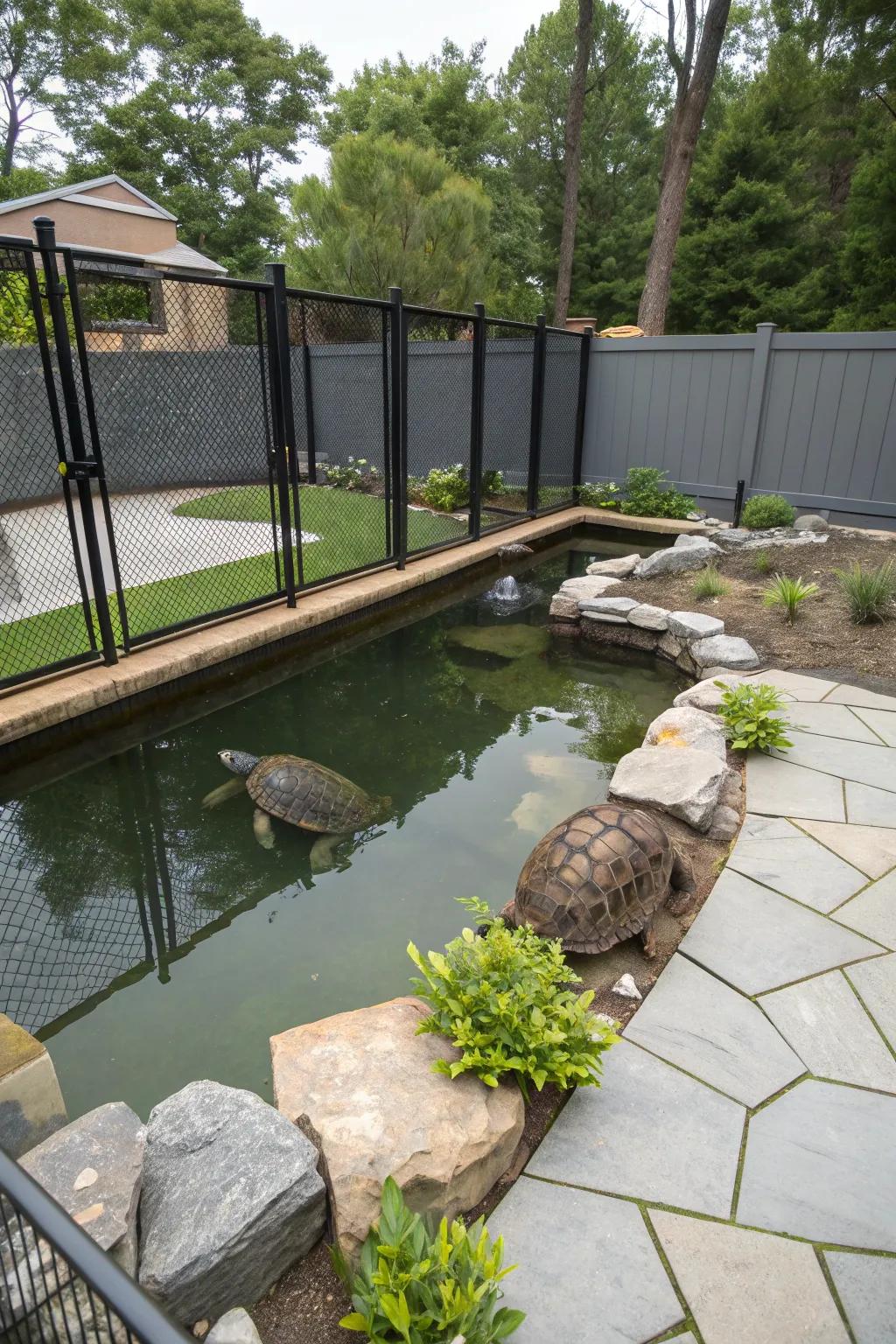 Innovative fencing keeps turtles safe within their pond.