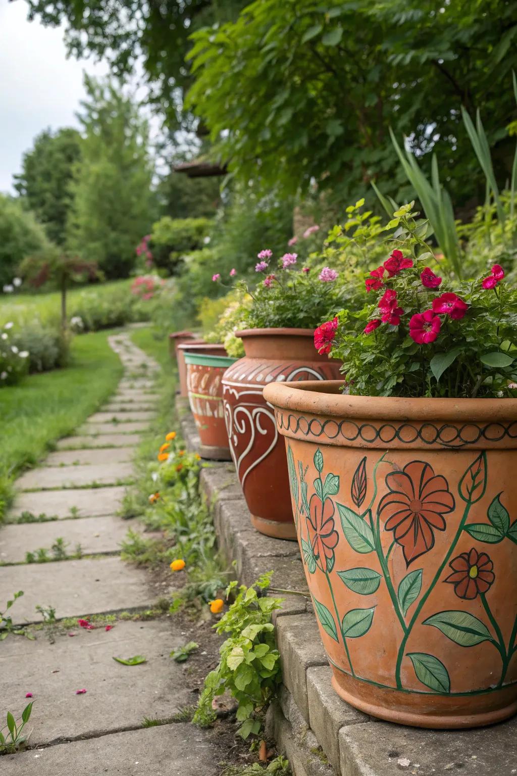 Customized terracotta pots adding a personal touch to the garden.