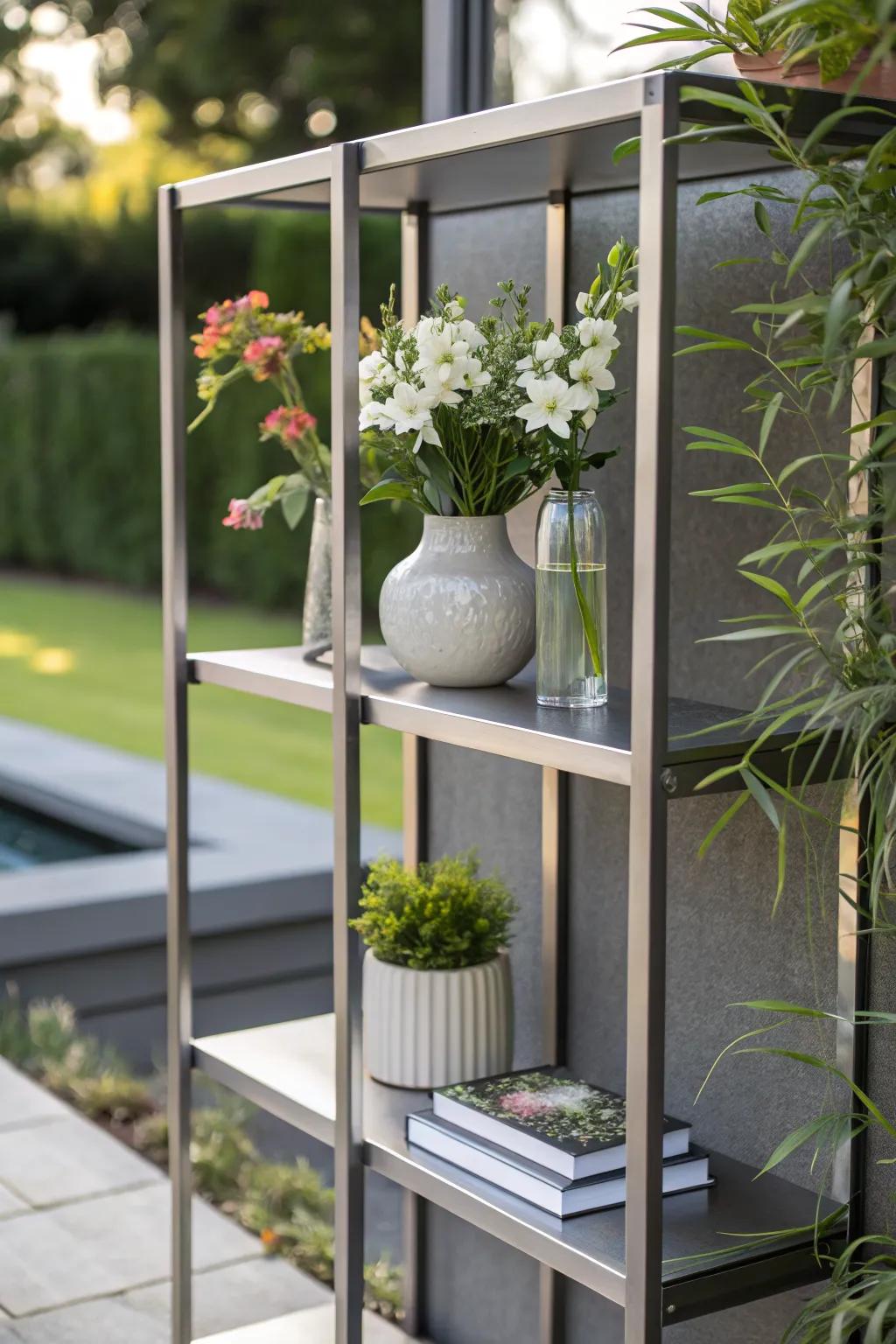 Metal shelves providing a modern industrial aesthetic.