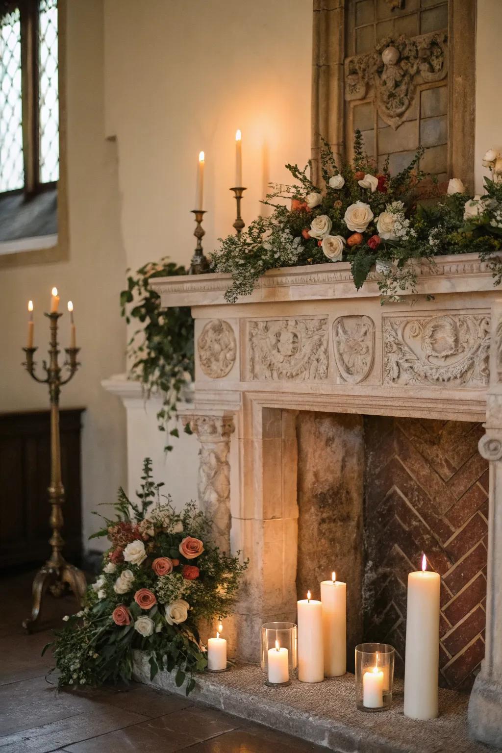 A vintage mantle adds old-world charm to the altar.