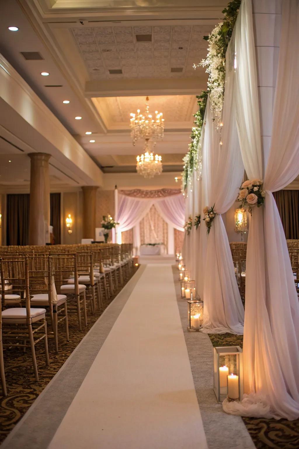 Soft draped fabric lining a wedding aisle