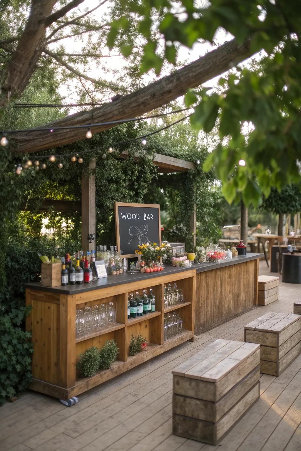 An interactive wood bar with a chalkboard menu, perfect for creative gatherings.