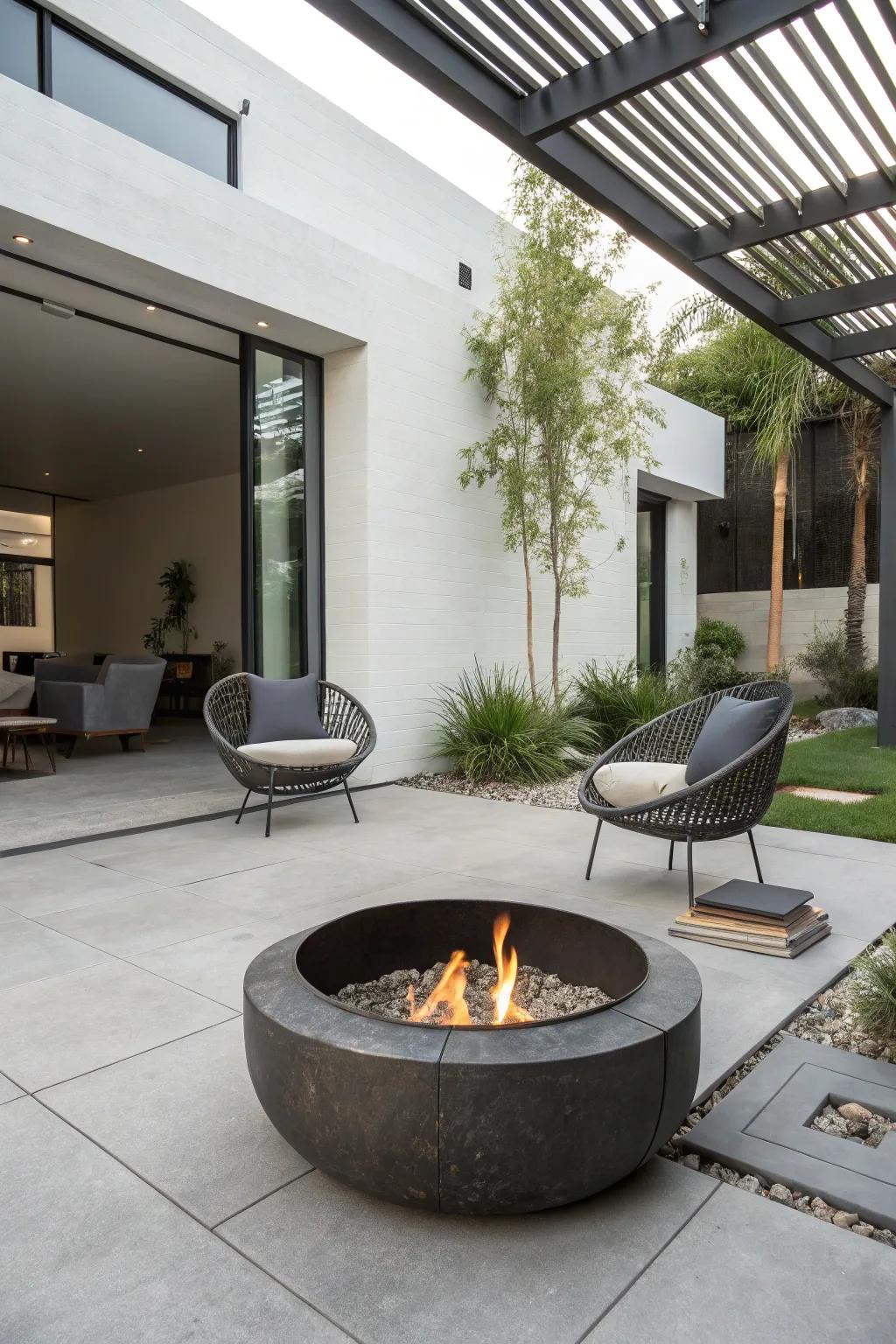 A minimalist steel fire ring for a sleek outdoor look.