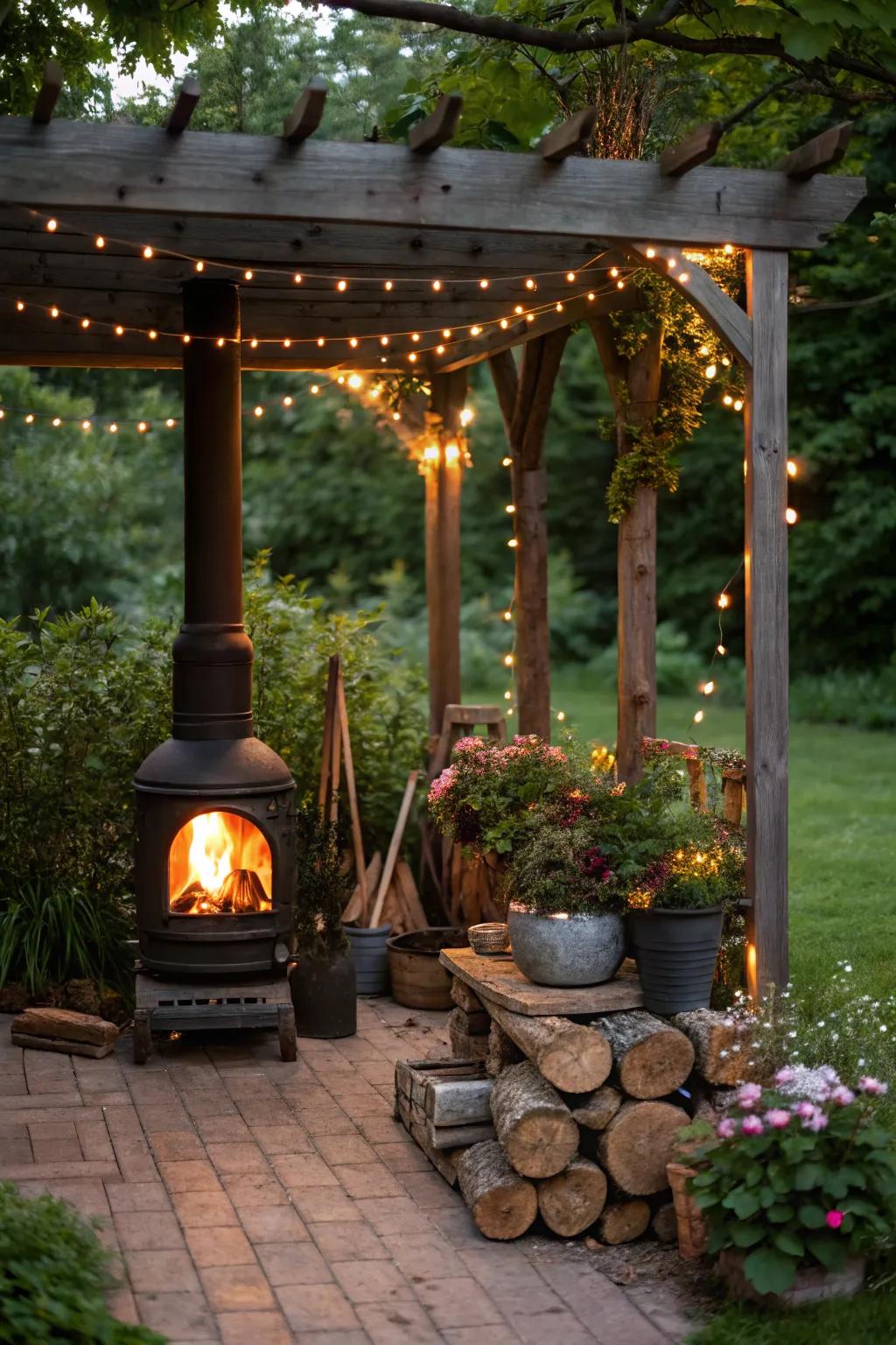 Create a magical pergola retreat with a wood stove.