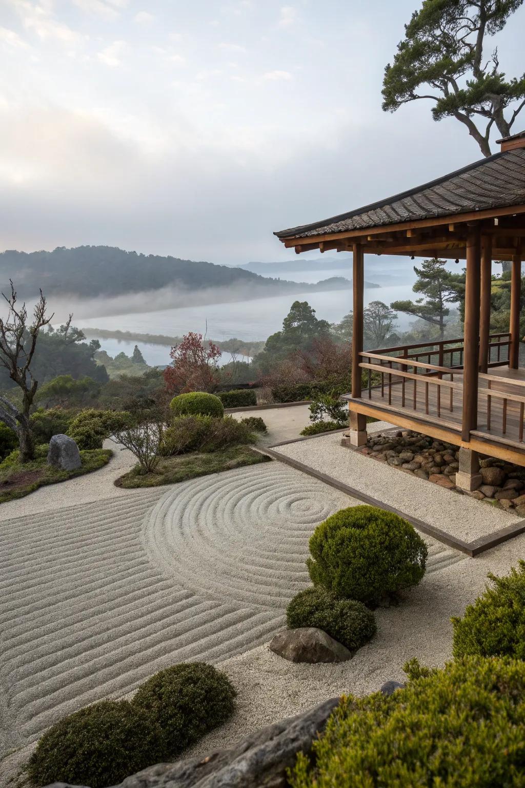 A pavilion provides a serene space for meditation