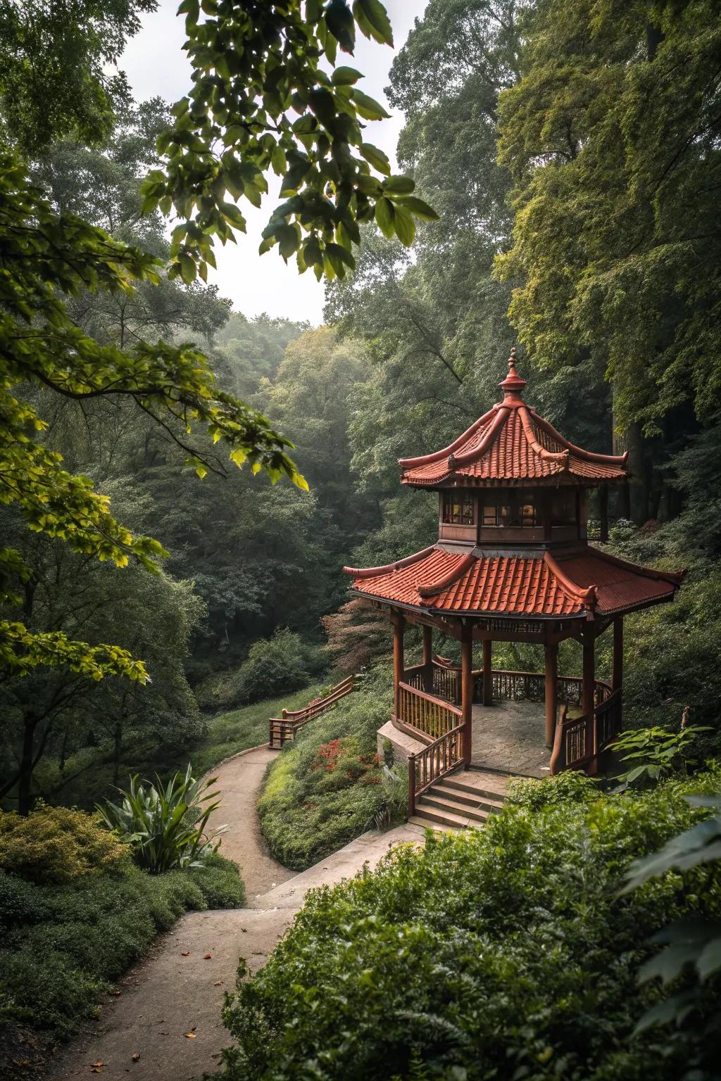A tucked-away pagoda invites privacy and introspection amidst lush greenery.