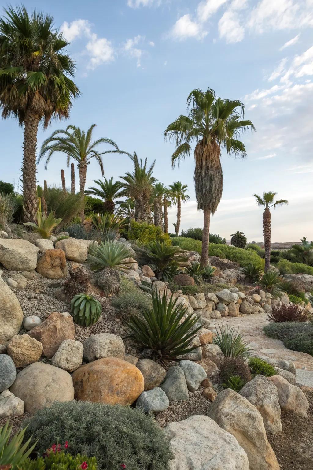 Palm trees add height and interest to a rock garden.