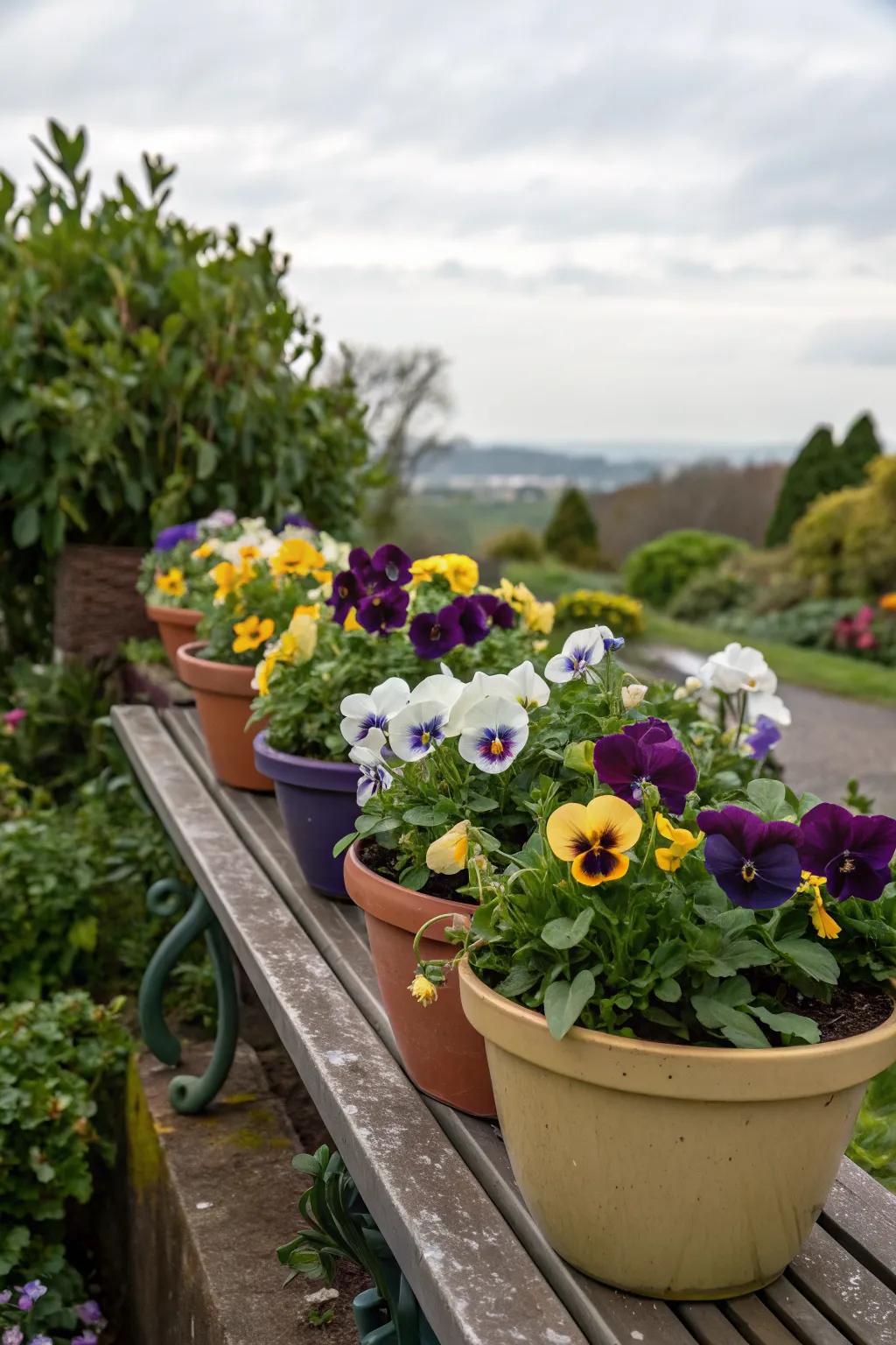 Color coordination creates a harmonious pansy display.