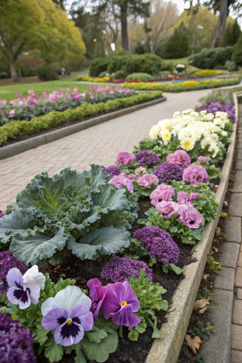 Pansies paired with ornamental kale for a textured garden display.