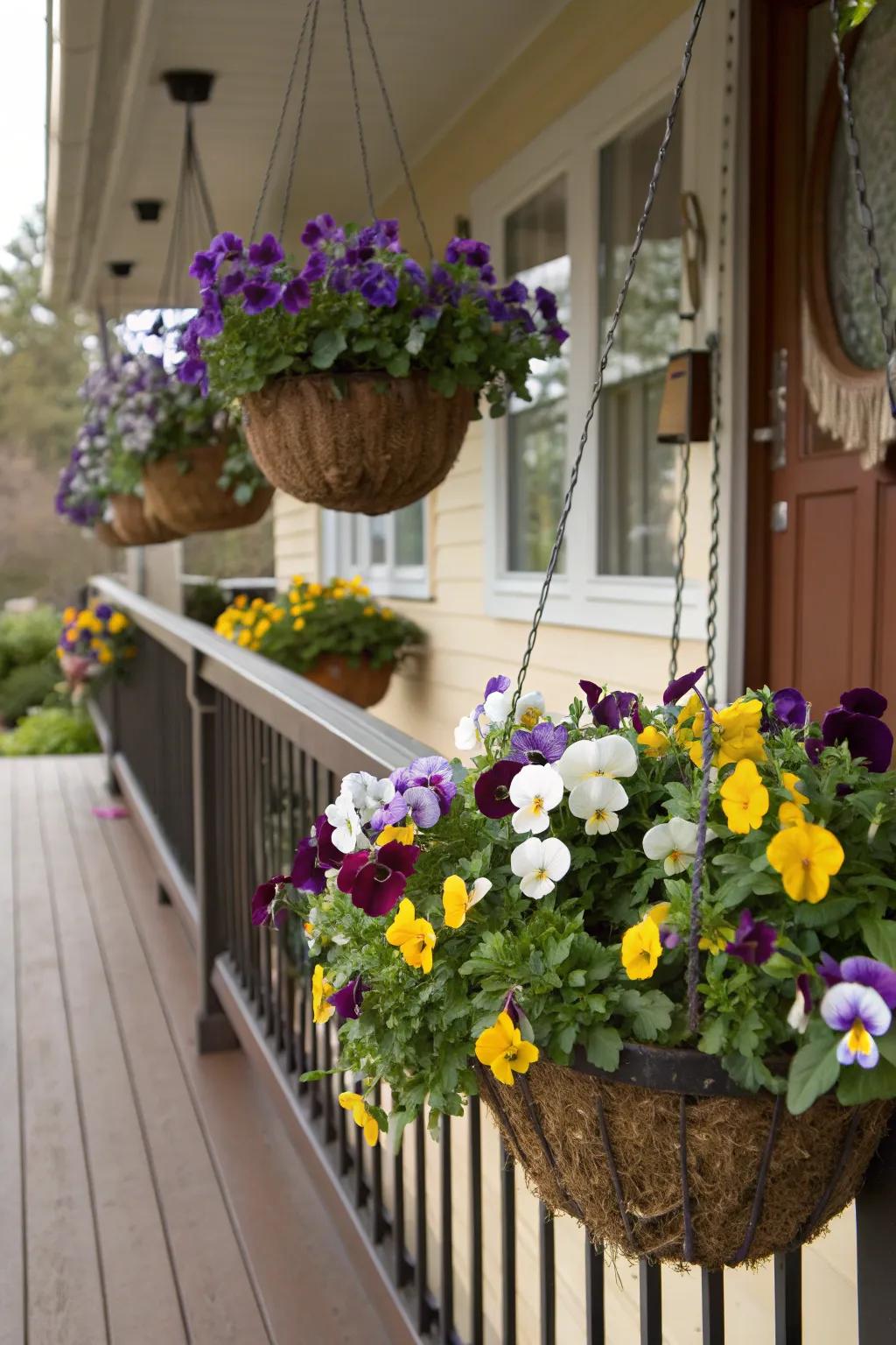 Vibrant pansies cascading from hanging baskets on a porch.