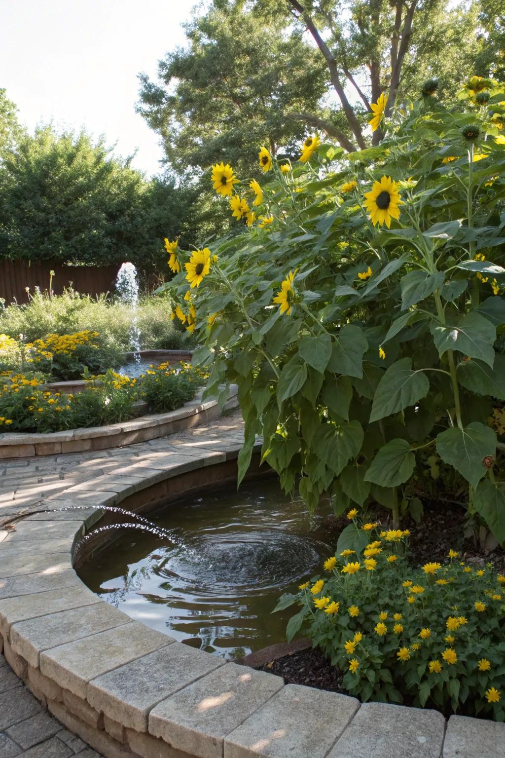 A water feature adds tranquility and charm to the garden.