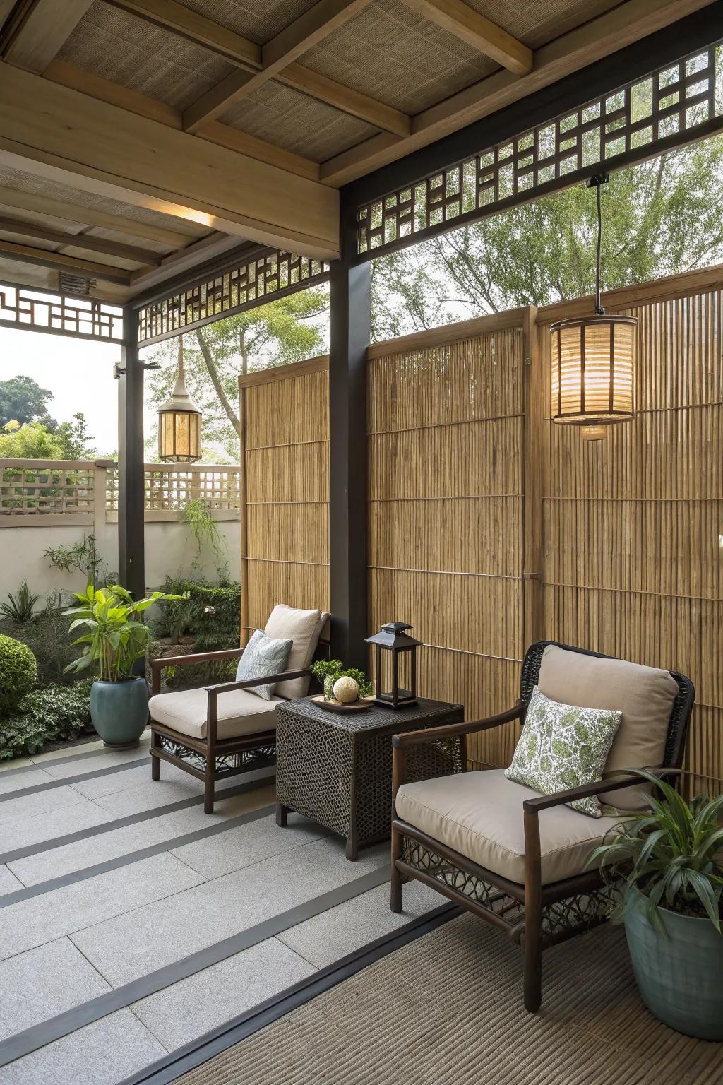 Bamboo screens provide privacy with a tranquil touch.