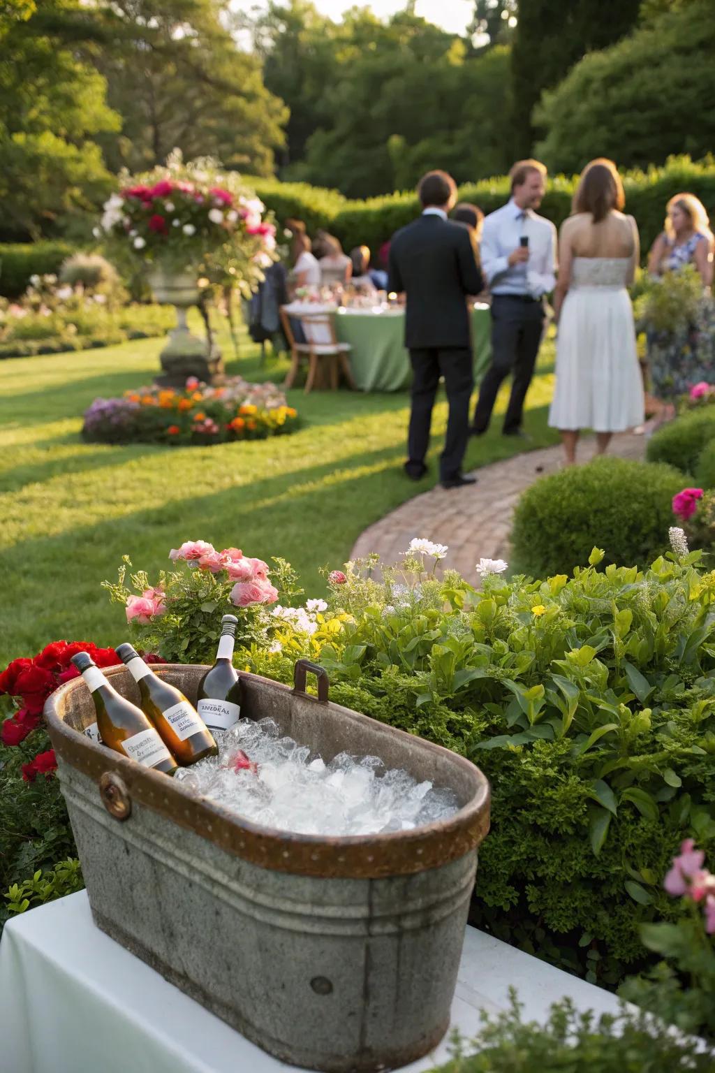 A garden planter cooler blending into the lush garden setting.