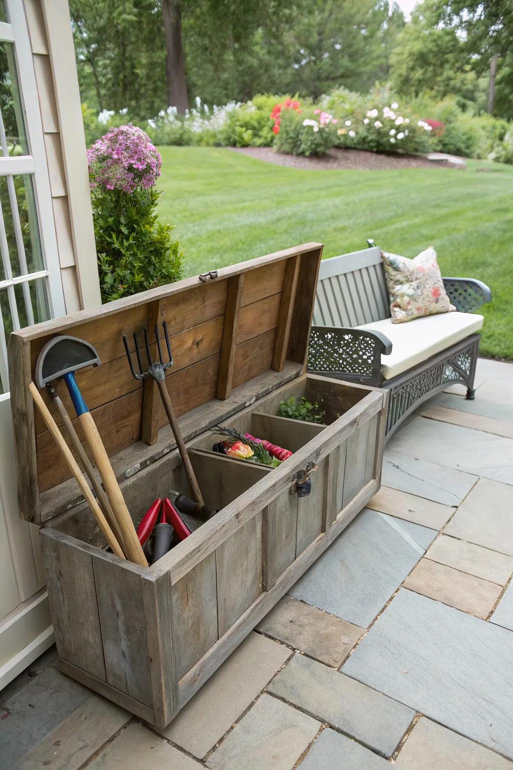 A practical storage bench that helps keep your patio tidy.