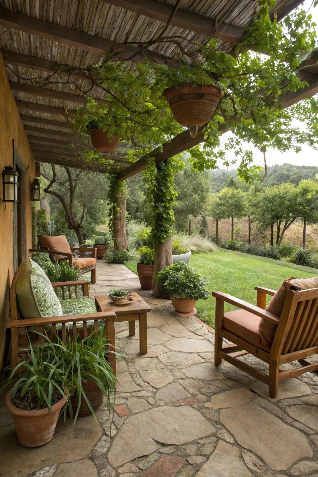 A harmonious patio with earthy browns and greens, seamlessly blending with the natural surroundings.