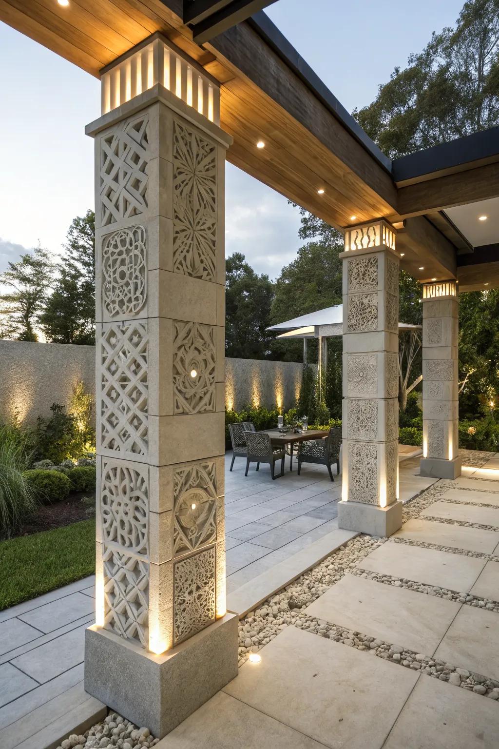 Inlays in concrete columns add texture and modern flair.