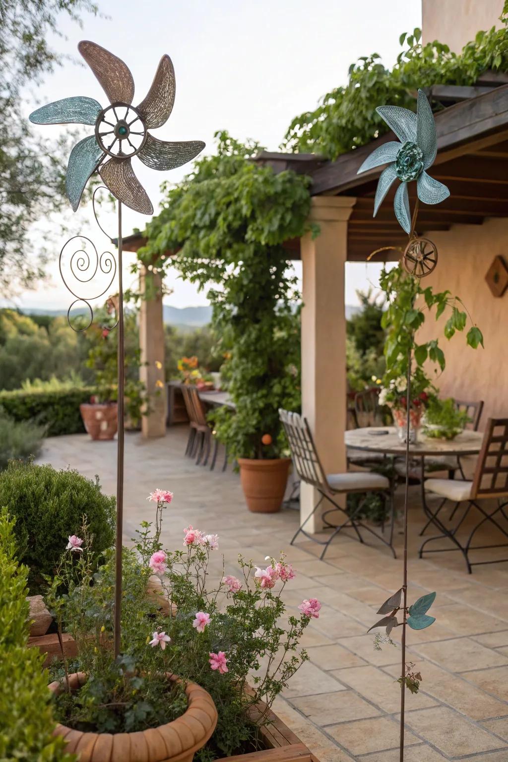 Enhance your patio's ambiance with wind sculptures.
