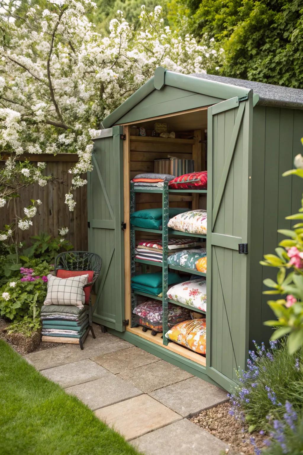 Adapt to your storage needs with flexible folding shelves for patio cushions.
