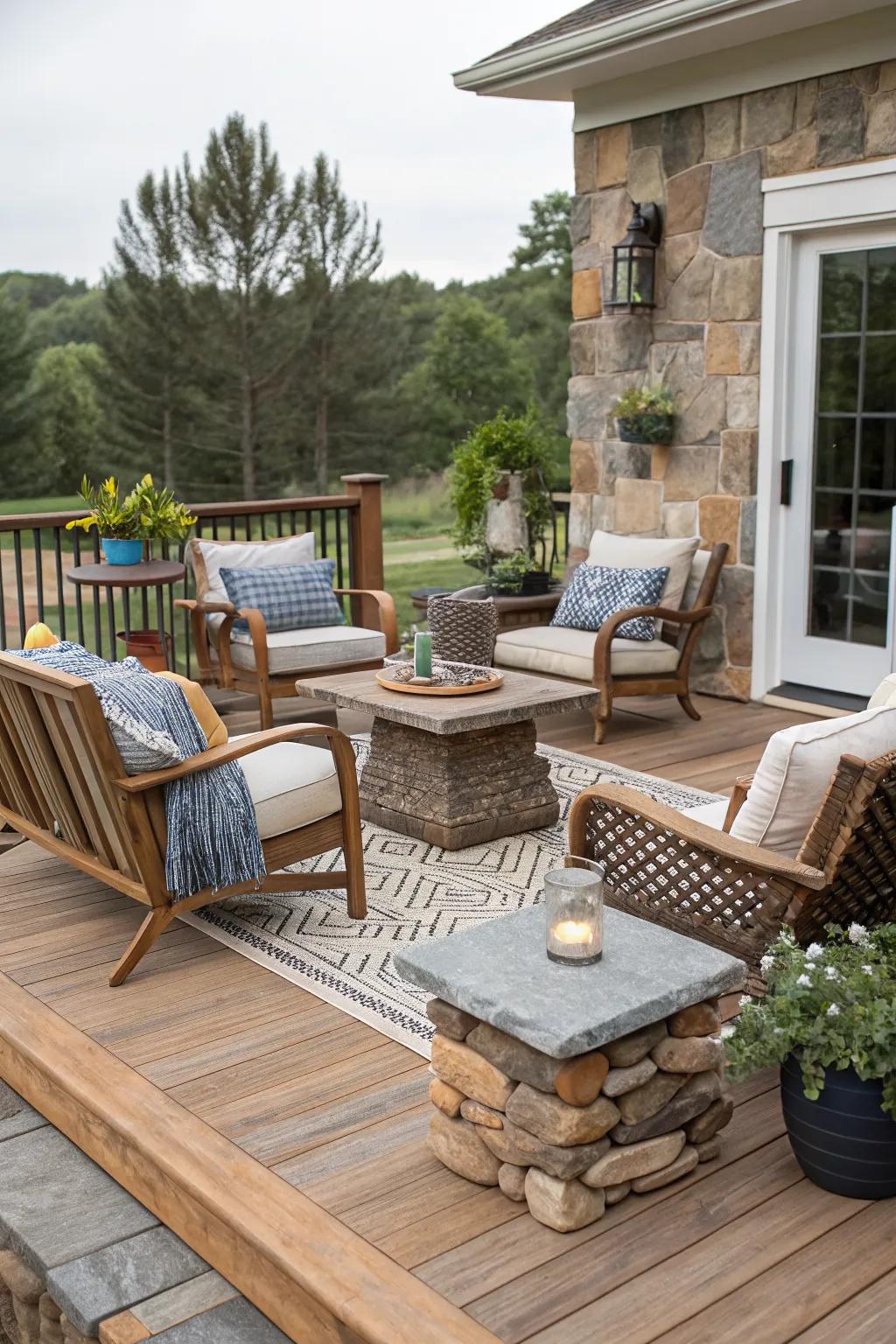 Mixed materials on a patio deck offer a unique and eye-catching aesthetic.