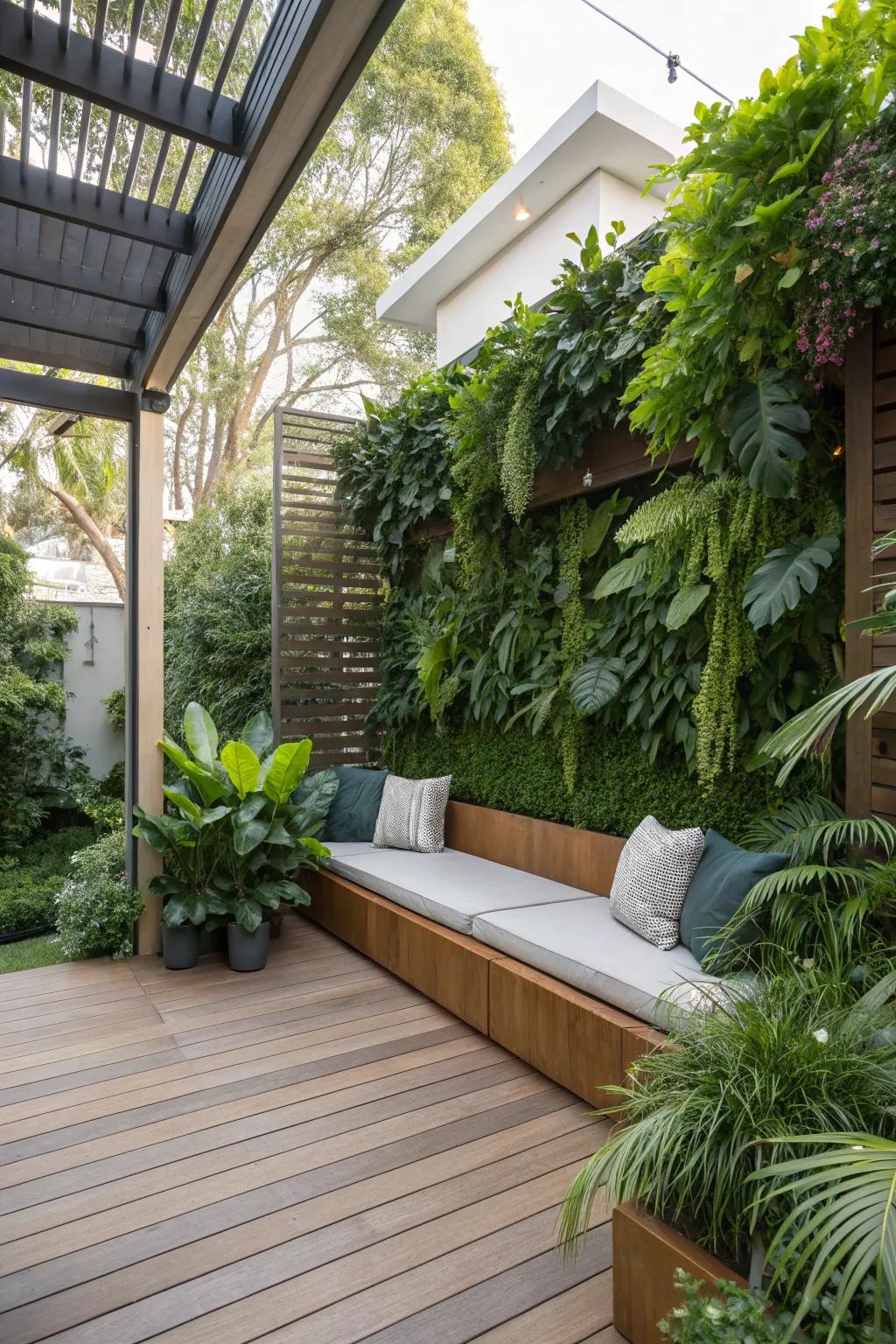 Vertical gardens with seating maximize space and greenery.