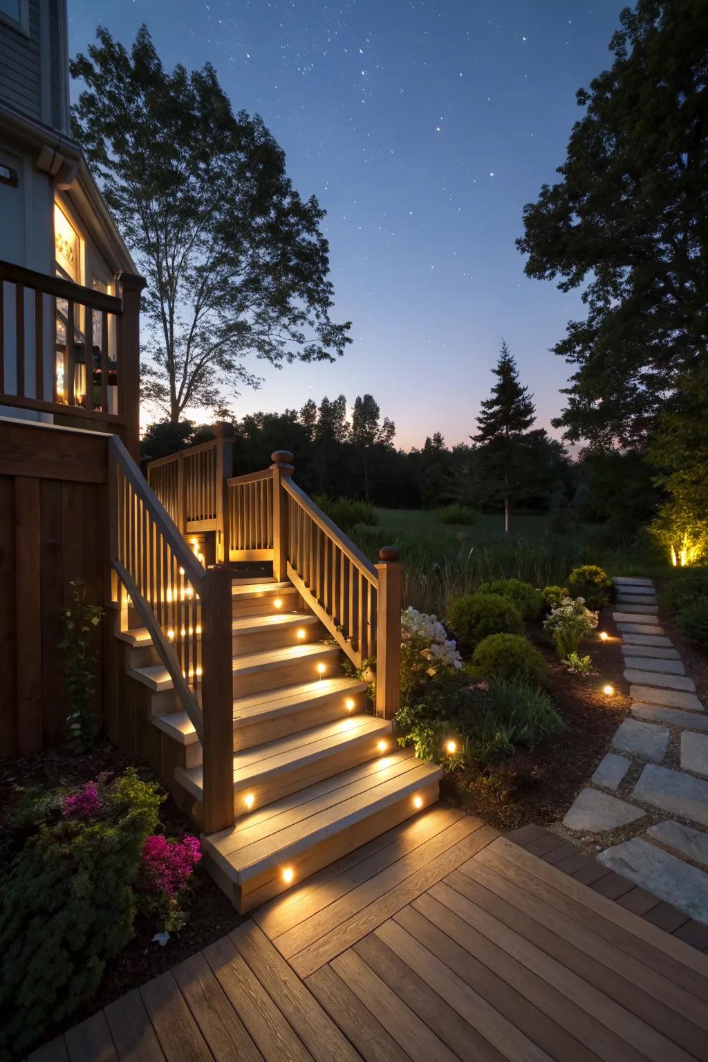 Deck stair lights enhance safety by illuminating each step.