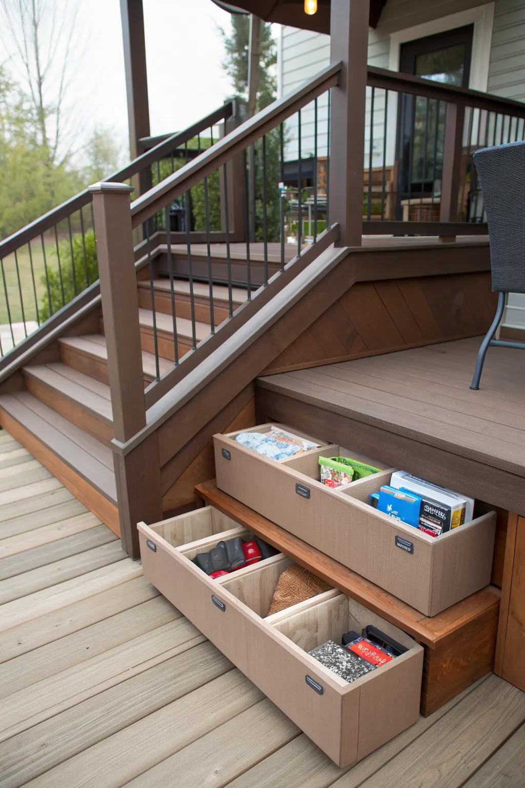 Hidden storage optimizes space under your deck steps.