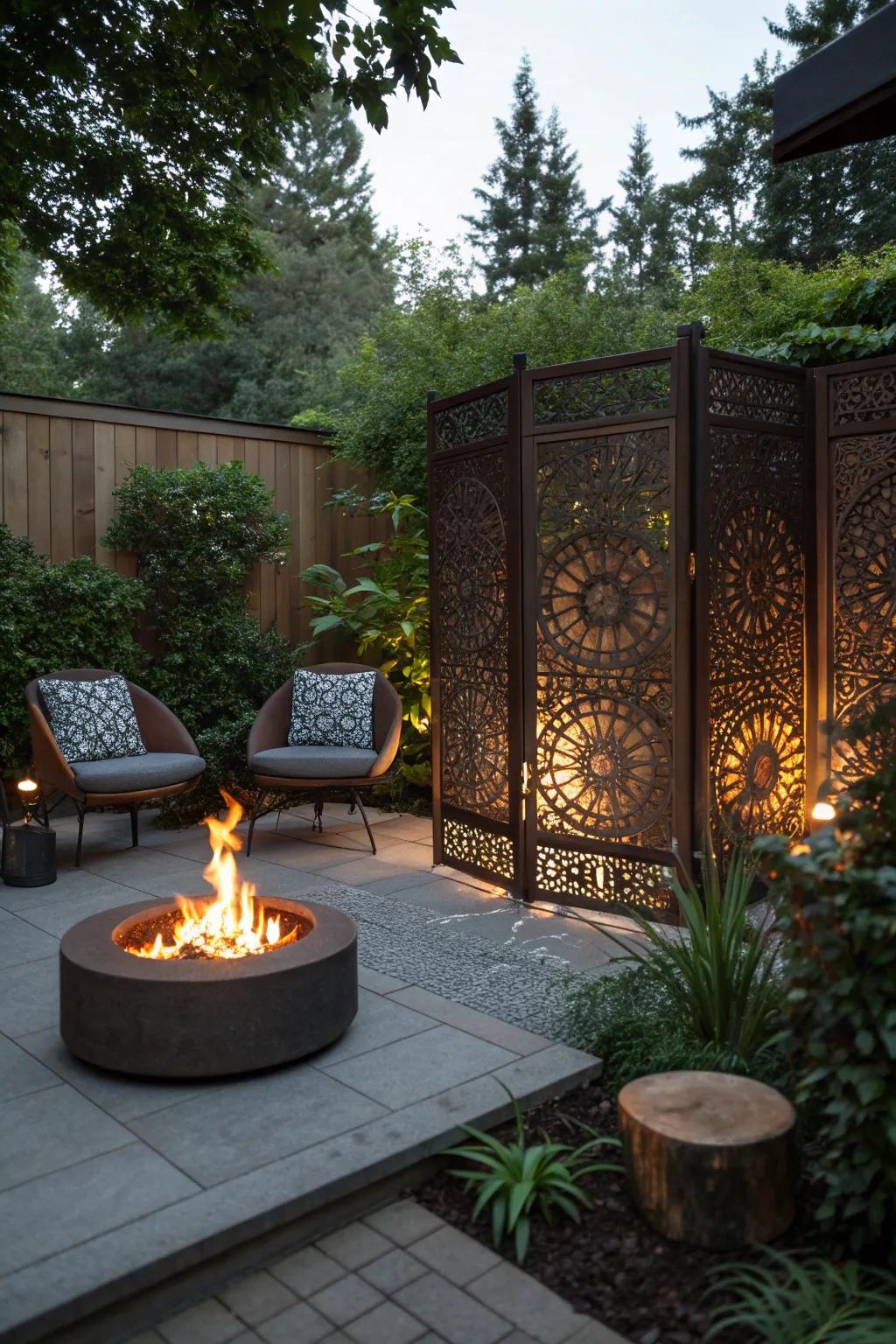 Privacy screens around a fire pit create a secluded outdoor retreat.